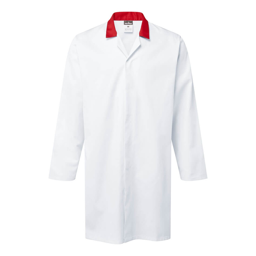 Camice per industria alimentare senza tasche con collo a contrasto – Bianco/rosso