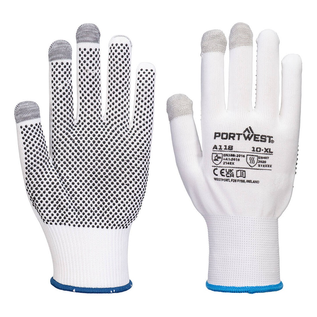 Guanti Grip 13 con puntini in PVC touchscreen (conf. 12 paia) – Bianco/grigio