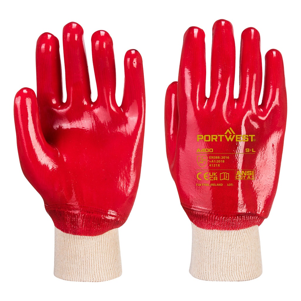 Guanti in PVC spalmatura totale con polsino in maglia – Rosso