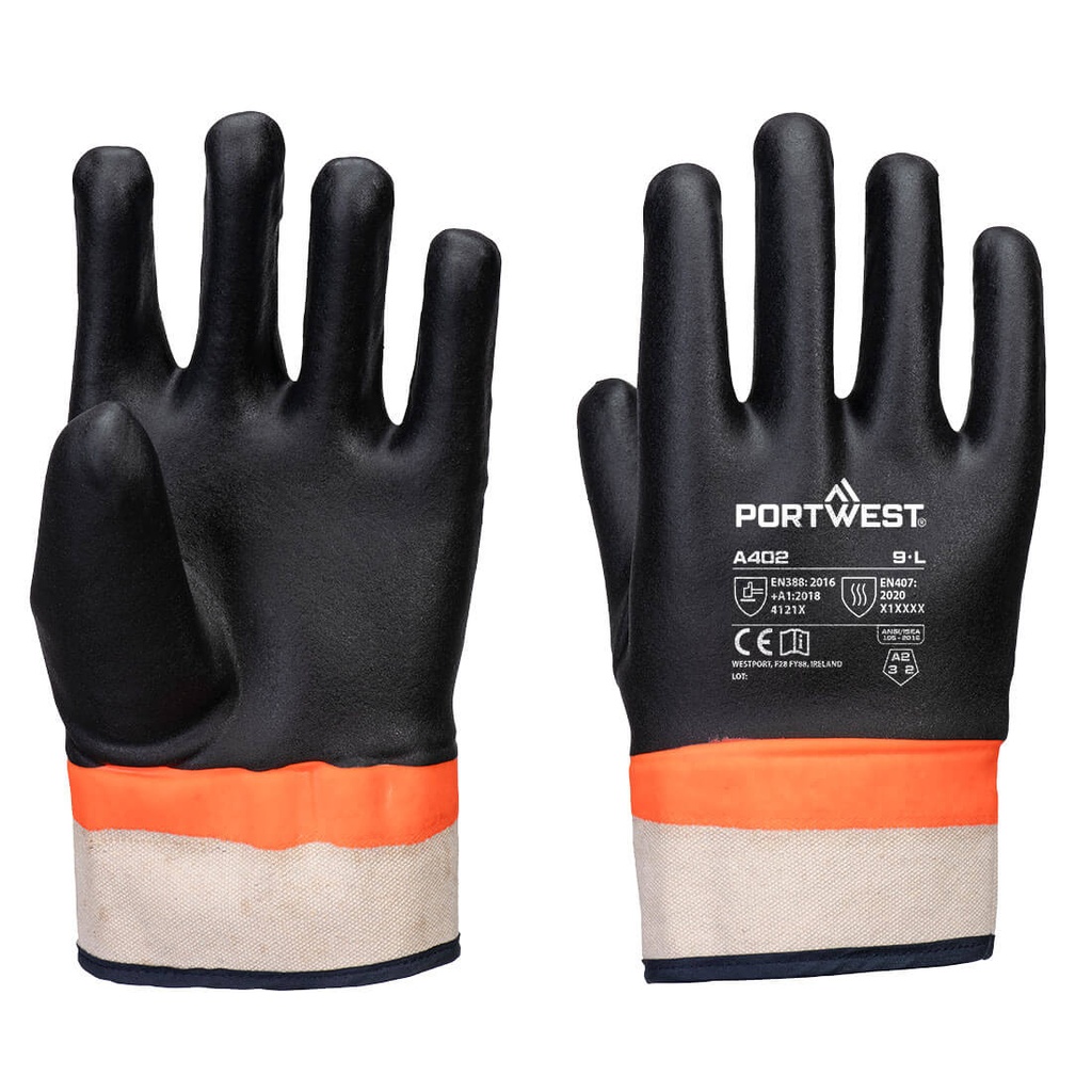 Guanti in PVC sabbiato doppia immersione a manichetta – Nero/arancione
