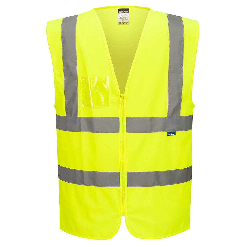 Gilet alta visibilità con bande e bretelle, zip e porta badge classe 2 – Giallo