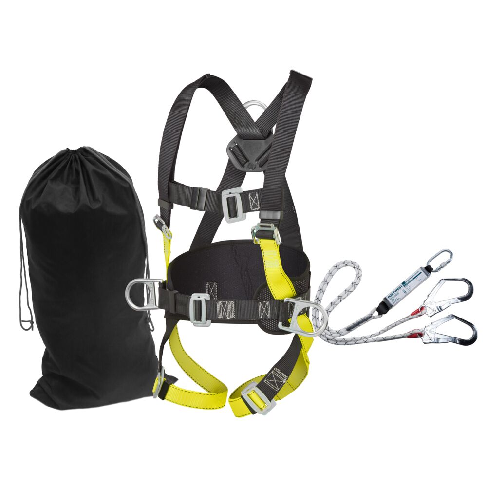 Kit anticaduta per ponteggi con imbracatura e cordino doppio – Nero