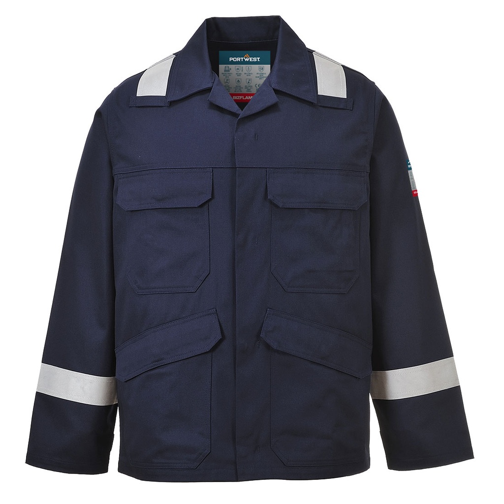 Giacca ignifuga antistatica Bizflame Work con bande riflettenti – Blu navy chiaro