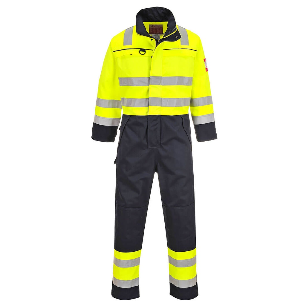Tuta ignifuga multinorma alta visibilità Bizflame Work classe 3 – Giallo/blu navy