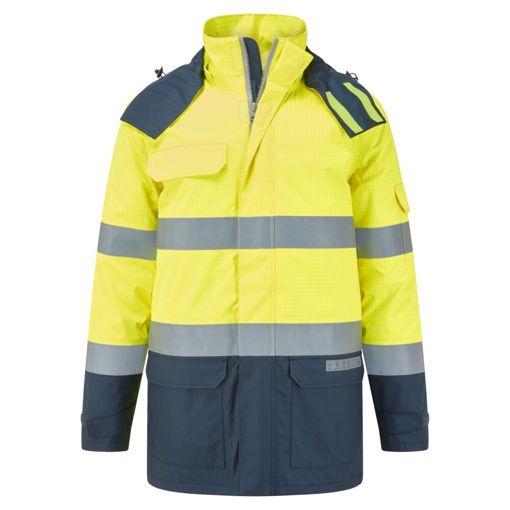 Giacca invernale ignifuga multinorma alta visibilità Bizflame Rain+ classe 3 – Giallo/blu navy