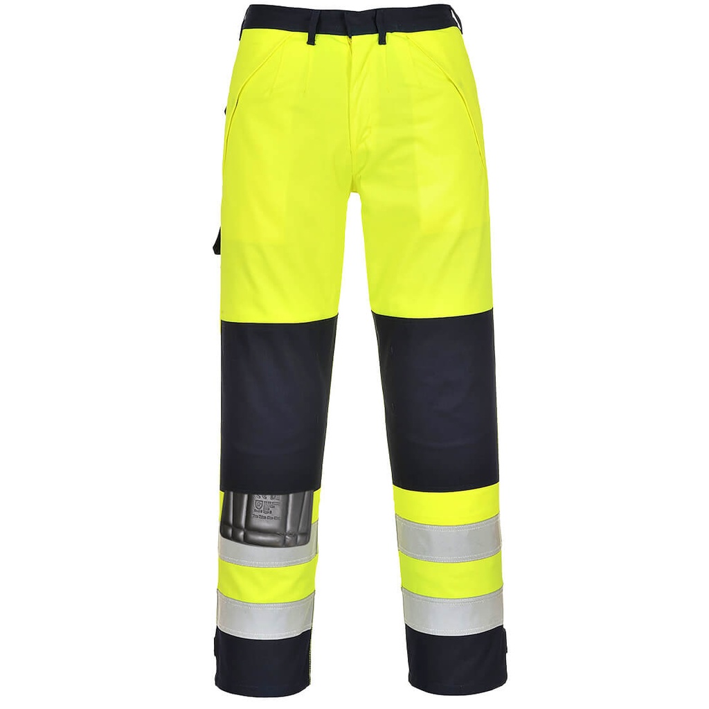 Pantaloni ignifughi multinorma alta visibilità Bizflame Work classe 2 – Giallo/blu navy