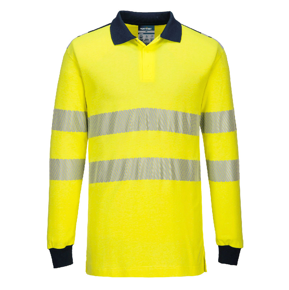 Polo manica lunga ignifuga alta visibilità PW3 Modaflame classe 3 – Giallo/blu navy