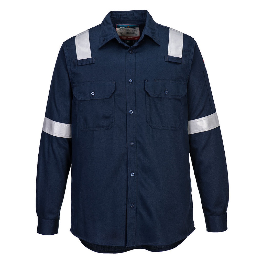 Camicia ignifuga antistatica leggera Bizflame Work con bande riflettenti – Blu navy chiaro