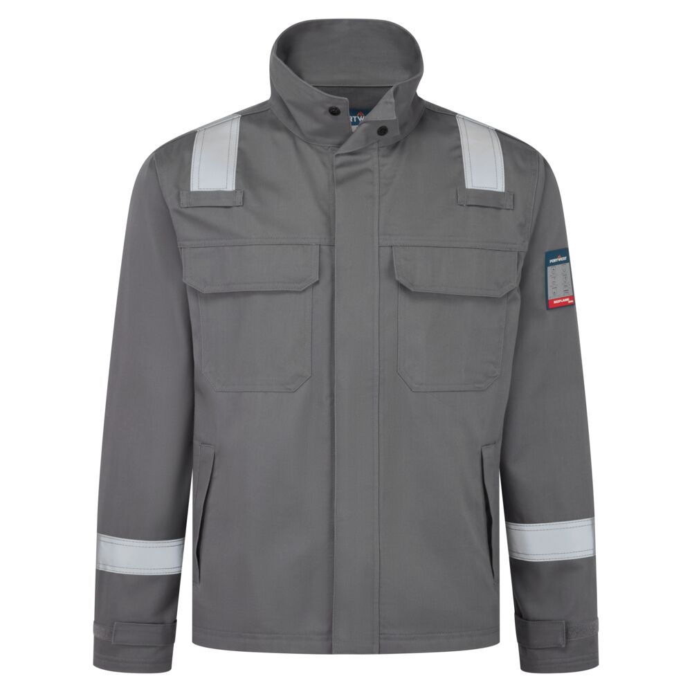 Giacca ignifuga Bizflame Work+ resistente agli agenti chimici, sgancio rapido – Grigio