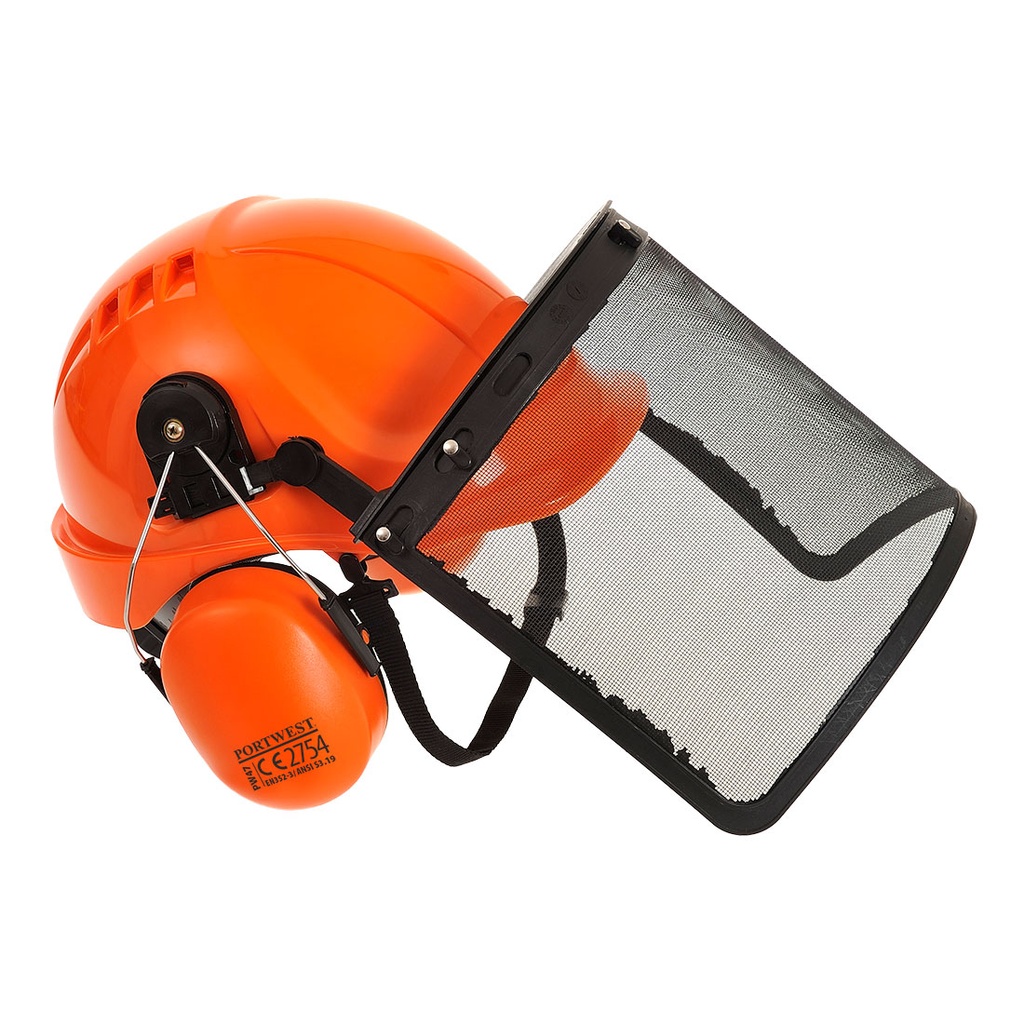 Kit forestale elmetto con visiera a rete e cuffie antirumore – Arancione
